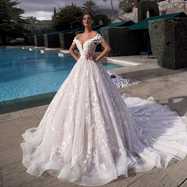

charming ball gown wedding dresses lace backless beaded bridal gowns plus size appliqued spaghetti straps neckline sweep train tulle vestido, White