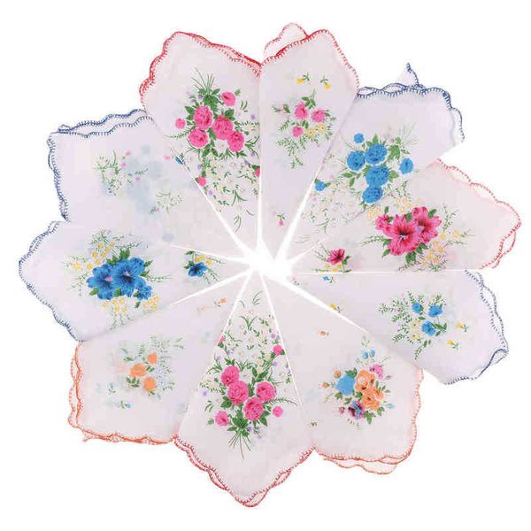 

10pcs womens vintage floral handkerchiefs cotton handkerchiefs j220816, Blue;white