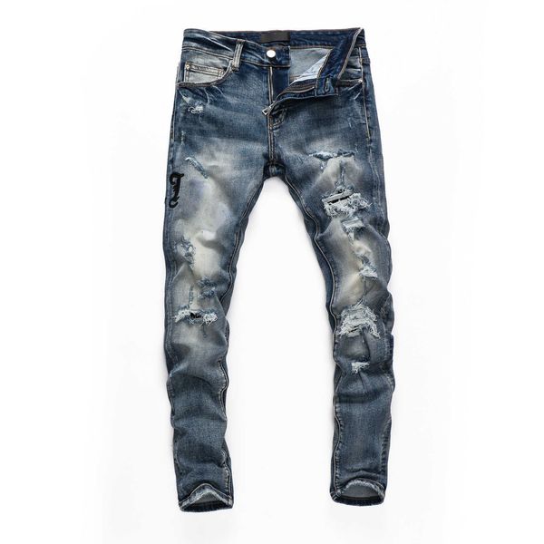 

men's jeans men's wear hole patch jeans youth slim print locomotive pants, Blue