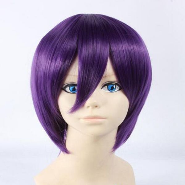 

fashion new anime cosplay dark purple face covering face closing short wig, Black