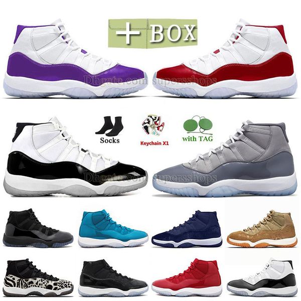

box with 11s purple basketball shoes mens women jumpman 11 high cool grey vetvet midnigth navy unc blue cherry red white space jam 25th aniv