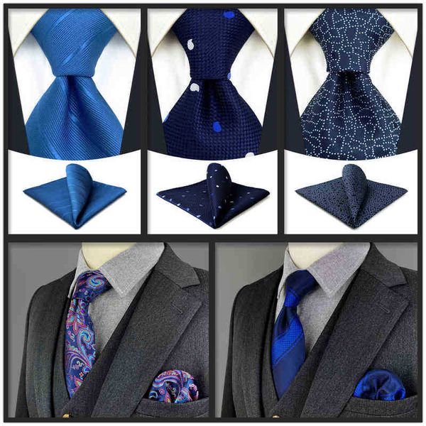 

navy blue tie set party wedding ties for men classic accessories pocket square paisley silk j220816, Blue;white