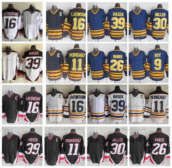 

fans tees vintage mens 16 pat lafontaine 11 gilbert perreault hockey jerseys 39 dominic hasek 26 thomas vanek 9 derek roy 30 ryan miller re, Black