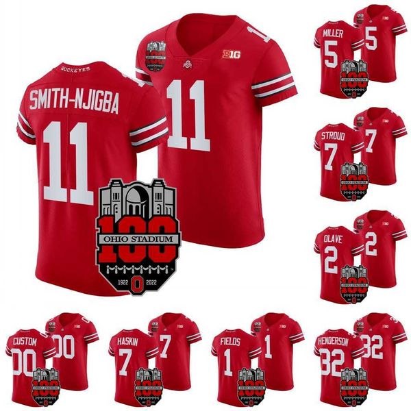 

jaxon smith-njigba ohio state buckeyes 1922-2022 elite football 100th year stadium anniversary jersey c.j. stroud treveyon henderson justin, Black