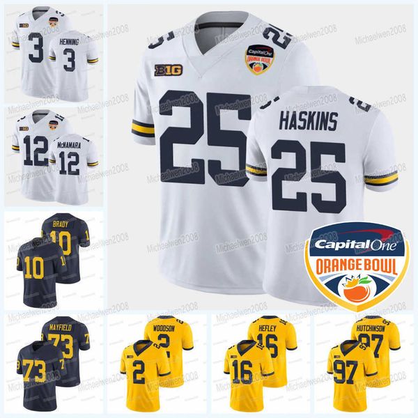 

custom ncaa college football jersey 2021 orange bowl hassan haskins charles woodson dan villari cade mcnamara tom brady, Black