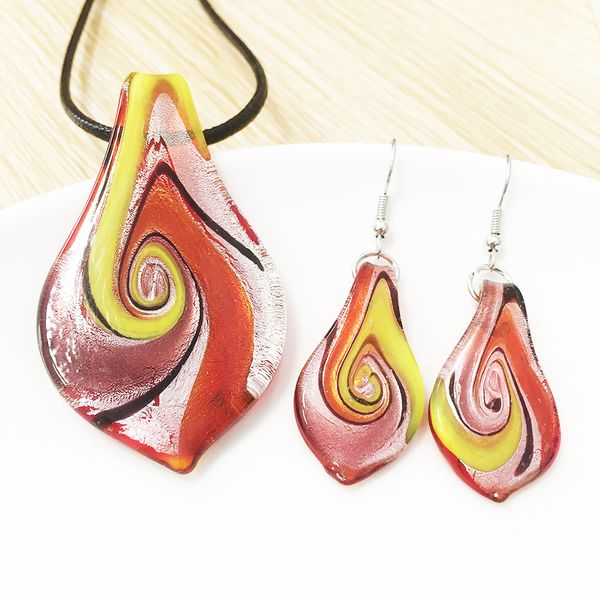 

1 set chinese style red yellow leaf necklaces earring twisted silver foil murano lampwork glass pendants fashion ethnic jewelry