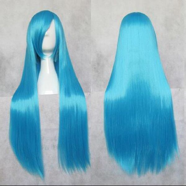 

fashion new anime cosplay dark blue 80cm straight long hair wig, Black