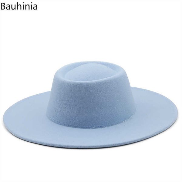 

wide brim hats bauhinia women elegant felt fedora with ethnic ribbon band 9.5cm trilby derby bowler hat wedding dress cap y2210, Blue;gray