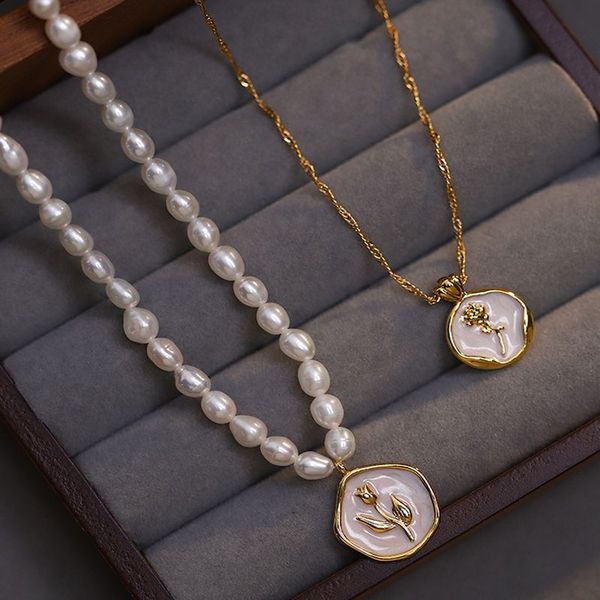 

bracelet necklaces designer jewelry light grain of freshwater pearl drop glaze rose necklace white enamel tulip collarbone chain female, Silver