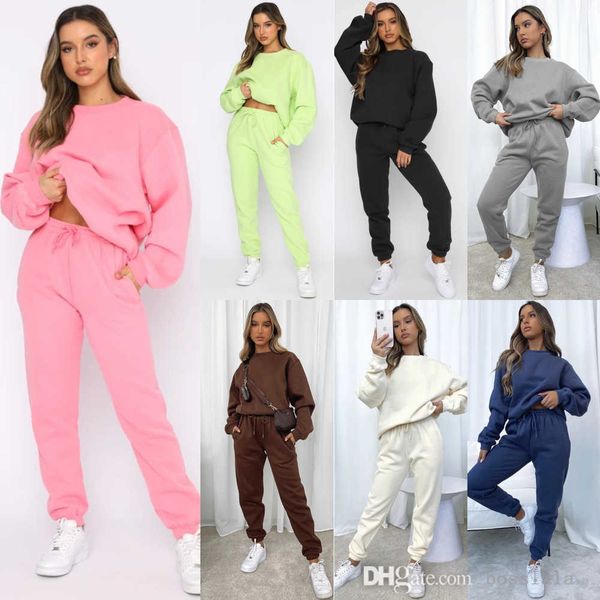 

autumn winter women tracksuits sweatsuits 2 piece set solid color round neck pullover hoodies sweatpants leisure sports suit, Gray