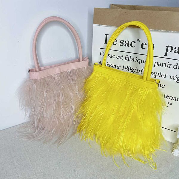 

2022 trendy designer bag female faux fur handle tote woman luxury ostrich feather crossbody purses and handbag