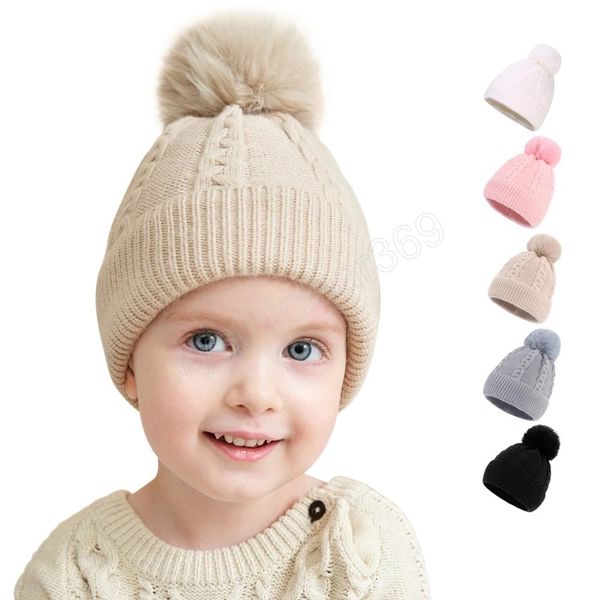 

kid autumn winter big pompom beanie hat baby cute solid color hat for girls and boys toddler knitted caps, Yellow