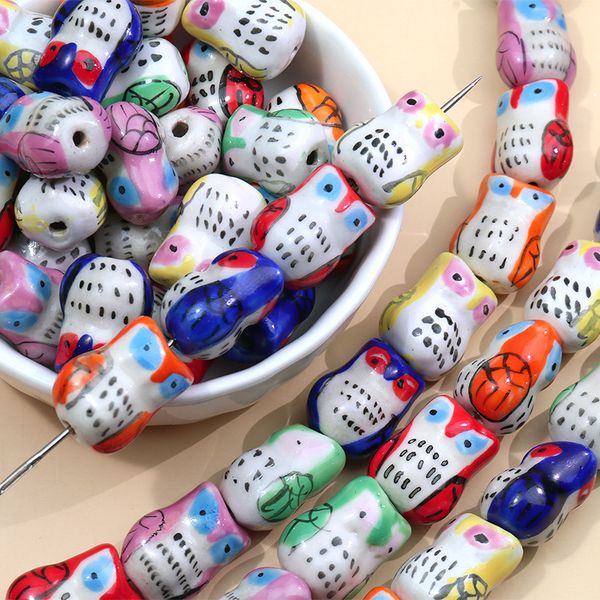 

50pcs 17x13mm hand painted owl ceramic beads diy loose porcelain bead for jewelry making bracelet necklace accessories wholesale, Black