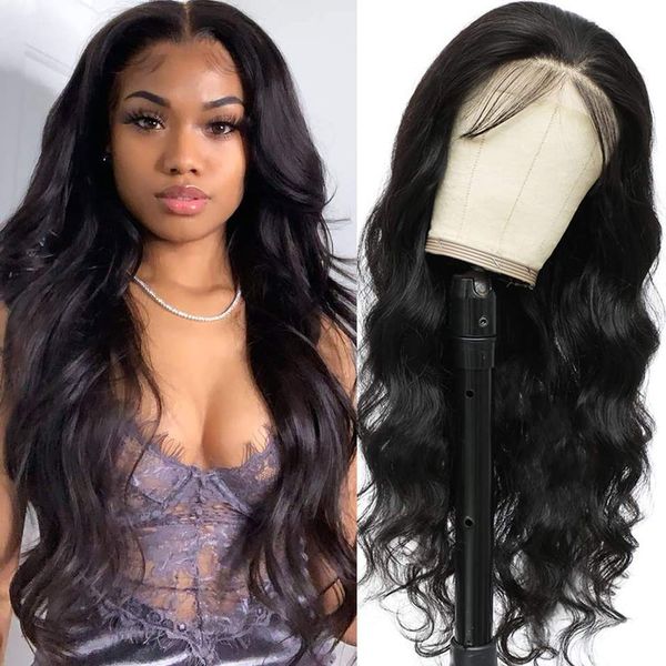 

brazilian hair transparent lace frontal wig natural color body wave wavy 13x4 13x6 wigs, Black