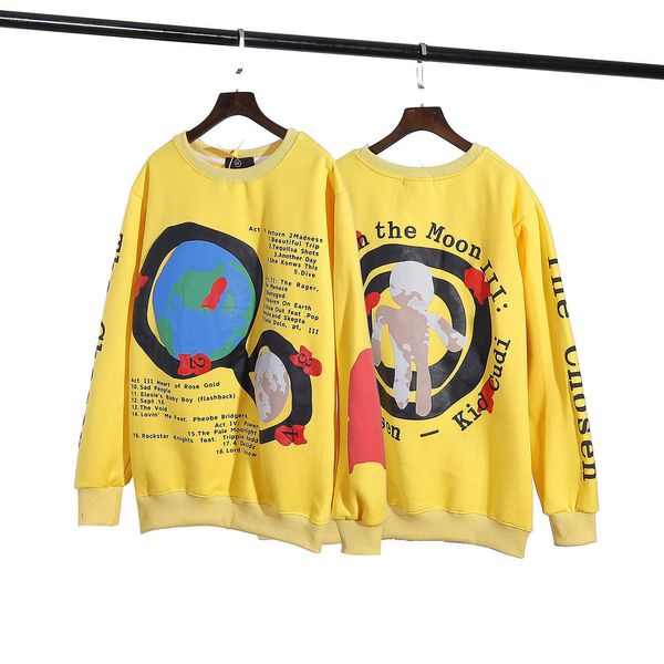 

men's hoodies & tide brand lunar man foaming printing round neck plush yellow sweater pullover autumn and winter youth undercoat, Black