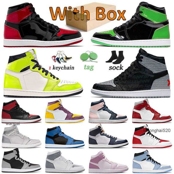 

2022 jumpman 1 basketball shoes for mens womens trainers bred patent green 1s sports sneakers dark marina blue visio air jordon jordas, Black