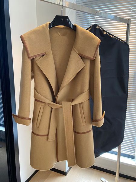 

2022 camel wool coat for women jacket spring classic gold camel color cashmere cel outwear, Black;brown