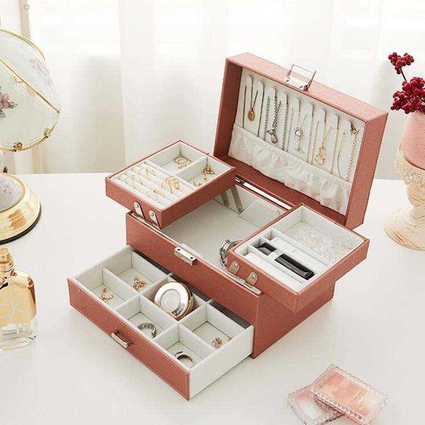 

jewelry boxes three-layer organize box large portable earrings rings storage case pu necklace display gift for girls jewelers joyero l221021, Black;white