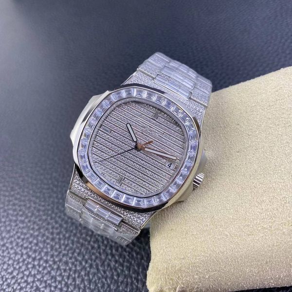 

5719 casual watch pp324 a324 automatic 40 mm paved fully iced out diamonds diamond bezel stick stainless steel bracelet twf, Slivery;brown