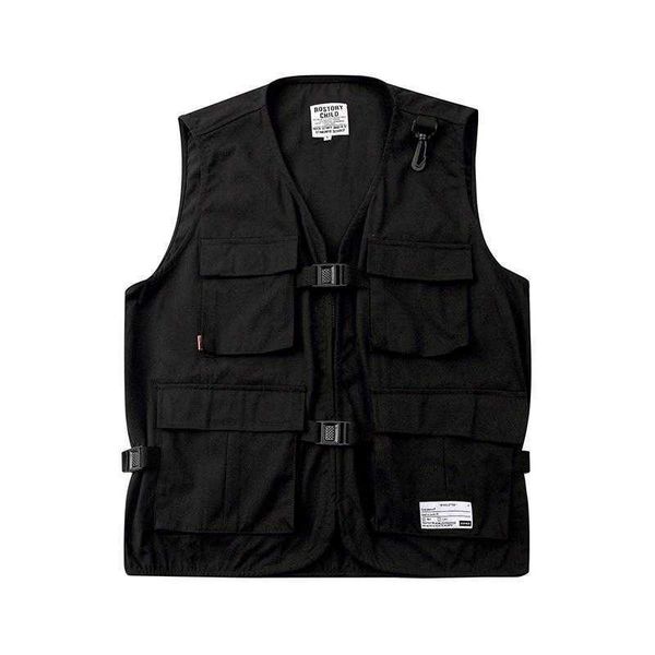

japanese retro camouflage multi-pocket vest men and women loose single breasted sleeveless jacket harajuku oversize, Black;white