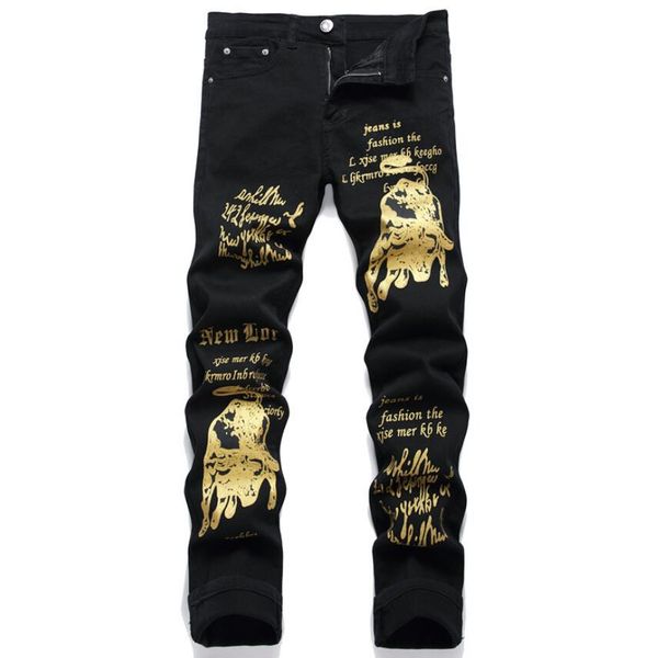 

new trend gold print black jeans slim stretch men pencil pants mid-waist casual clothing trousers with small feet jean sz3bp366jeans, Blue