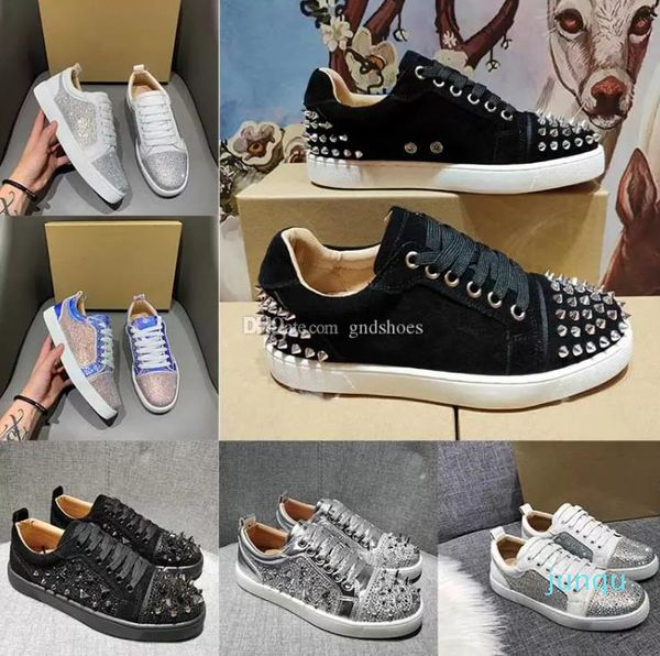 

classic summer red shoes men's fashion low-cut dress suede personality women's running flat crystal spikes sneakers 54, Black