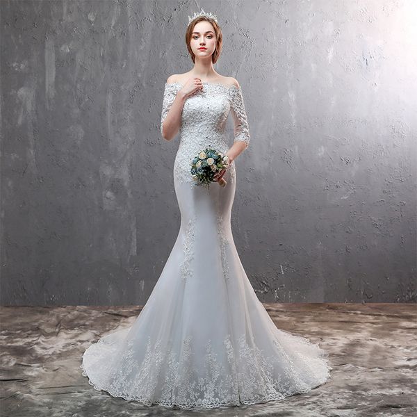 

luxurious crystal mermaid wedding dresses jewel neck long sleeve lace appliques long train wed gowns plus size bridal dress, White