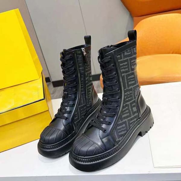 

luxury designer womens boots genuine leather canvas splicing sea shell round head martin boot platform flat heel autumn and winter shoes siz, Black