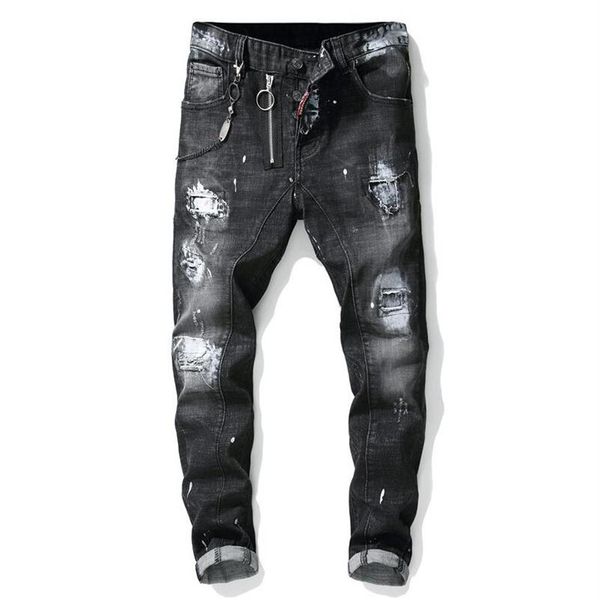 

unique men painted rips jeans stretch black fashion designer slim fit washed motocycle denim pants panelled hip hoptrousers 1012275s, Blue