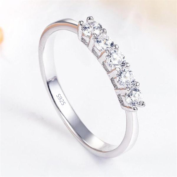 

genuine sterling silver five 3mm zirconia diamond ring simple single row bright cz ring women starlight finger fine jewelry, Slivery;golden