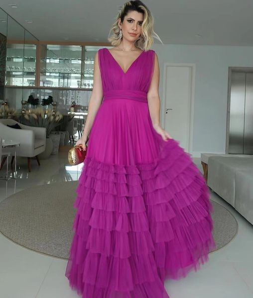 

v neck pageant prom dresses backless women wear tulle tiered evening gowns floor length abiti eleganti donna da cerimonia lungo, White;red