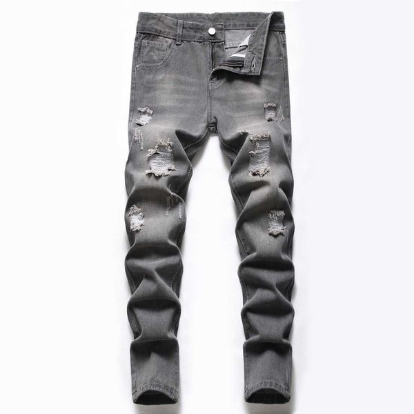 

boys' grey non elastic straight hole casual denim pants, Blue