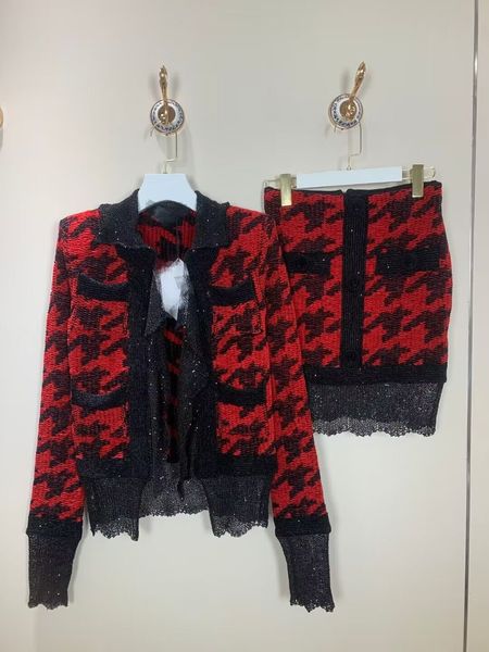 

2022 autumn fashion women sweater plaid lace cardigans with a-line casual skirt suits sets ladies, White;black