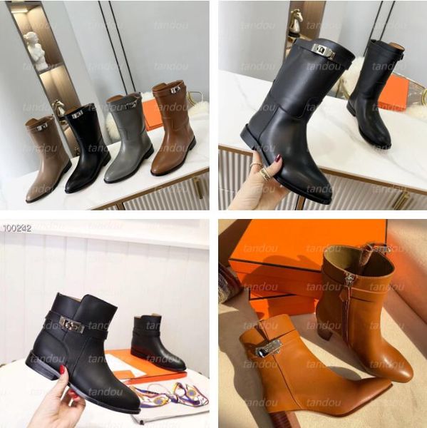 

kelly boots designer women ankle knee boot leather martin buckle funk cowskin fashion thick soles chunky booties, Black