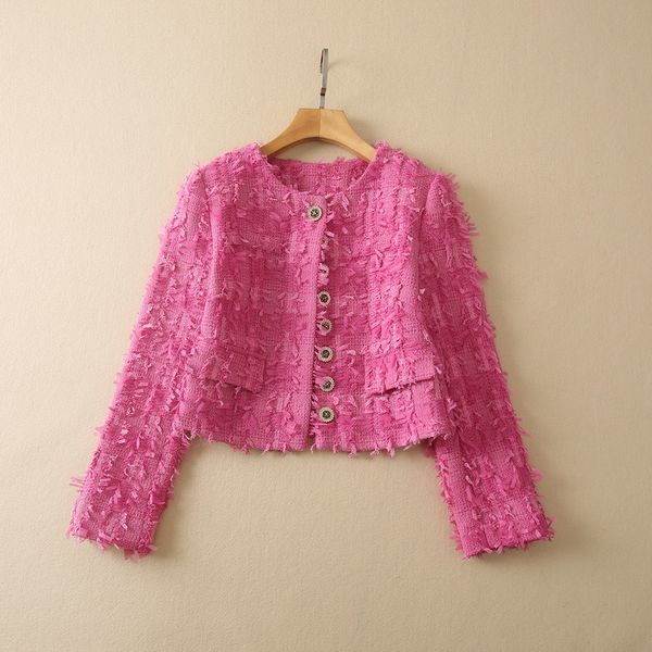 

wool & blends new european and american women's wear for winter 2022 long sleeve flower single breasted fringe fashionable tweed coat, Black