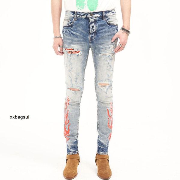

designer jeans ch amirs high street wash water blue hole cashew flower paste cloth flame printing slim fit legged jeans trendy man bxk