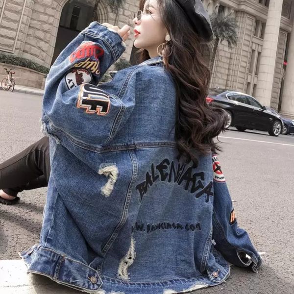 

fashion the loose hole embroidery patch denim jacket agc ela, Black;brown