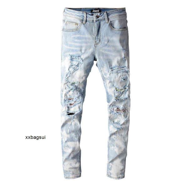 

amirs mens jeans amirs trend high street fashion brand light blue colorful patch beggar pants slim fit small feet 632 pjk