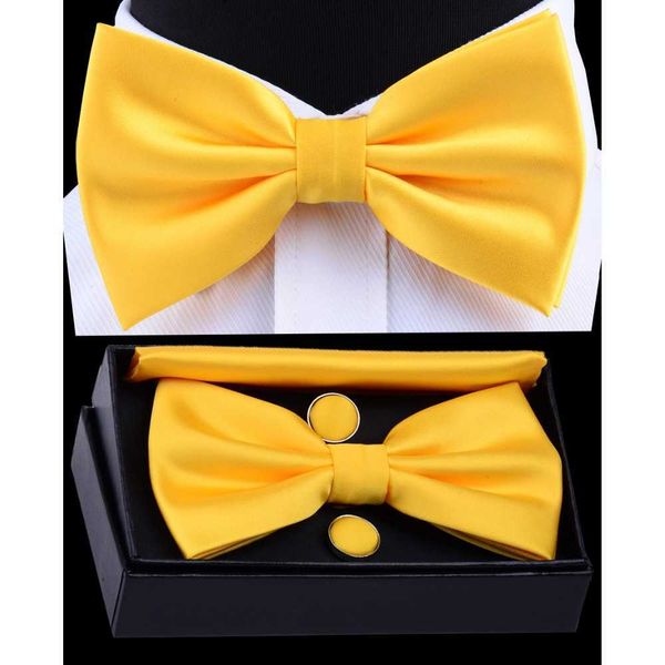

bow ties ricnais men's pre-tied bow tie set solid bowtie pocket square cufflinks with box waterproof fold for man yellow red for weddin, Black;gray