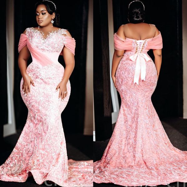 

2022 arabic aso ebi pink mermaid prom dresses beaded crystals lace evening formal party second reception birthday engagement gowns dress zj8, Black