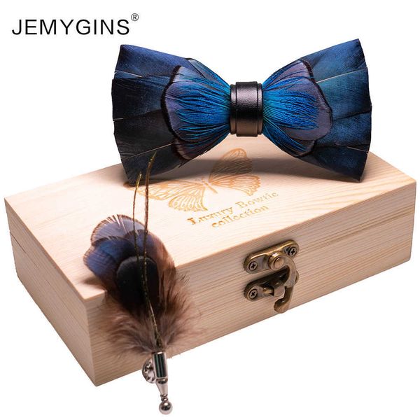 

bow ties jemygins original design fashion mens bow tie hand-cut dark blue feather bow brooch set wedding party accessories gift l221022, Black;gray