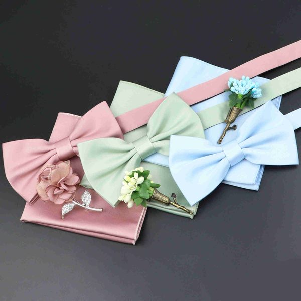 

bow ties mens wedding bow tie brooch set romantic solid color silk polyester jacquard woven bowtie lapel pin hanky men gifts accessories l22, Black;gray