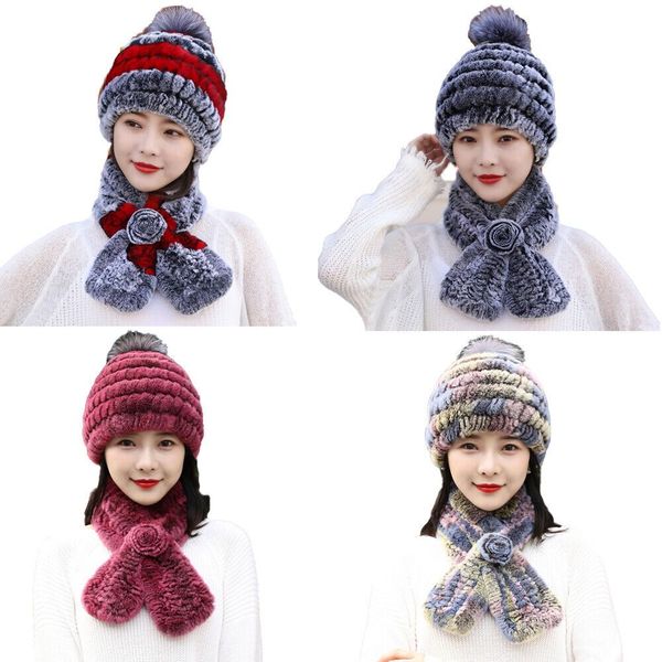 

women real rex rabbit fur hats scarf sets winter warm ski cap fox fur pompom gvk, Blue;gray