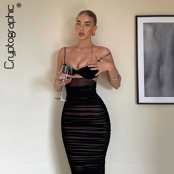 

cryptographic slip cut out ruched midi dress elegant outfits for women club party sleeveless backless long dresses fall, Black