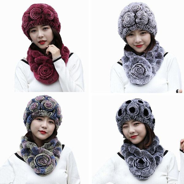 

women's winter fur scarf hats sets real rex rabbit fur cap neckerchief soft dzv, Blue;gray