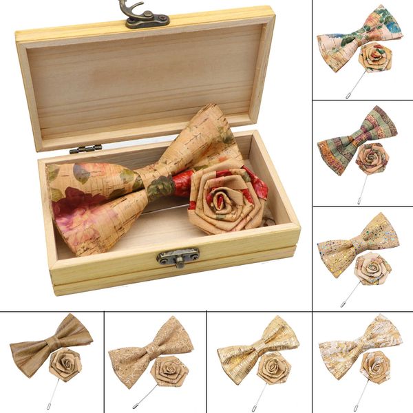 

bow ties new cork wood bow ties brooch set vintage floral print wooden bowtie handmade butterfly wedding party neck wear tie novelty gift l2, Black;gray
