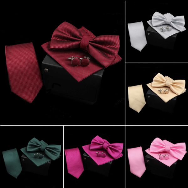 

bow ties solid color polyester tie bowtie handkerchief cufflinks set men fashion butterfly wedding necktie without box novelty ties gift l22, Black;gray