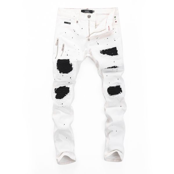 

plein bear white mens jeans classical fashion pp man denim trousers star fit mens casual design ripped distressed skinny biker clothfitting, Blue
