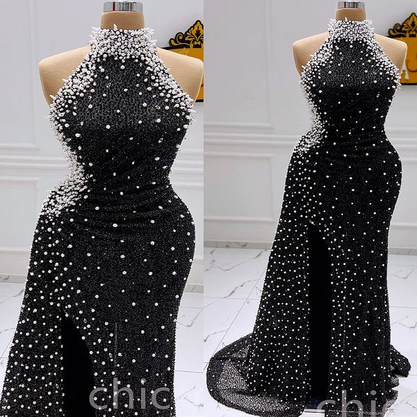 

2022 arabic aso ebi black mermaid prom dresses pearls sequined lace evening formal party second reception birthday engagement gowns dress zj