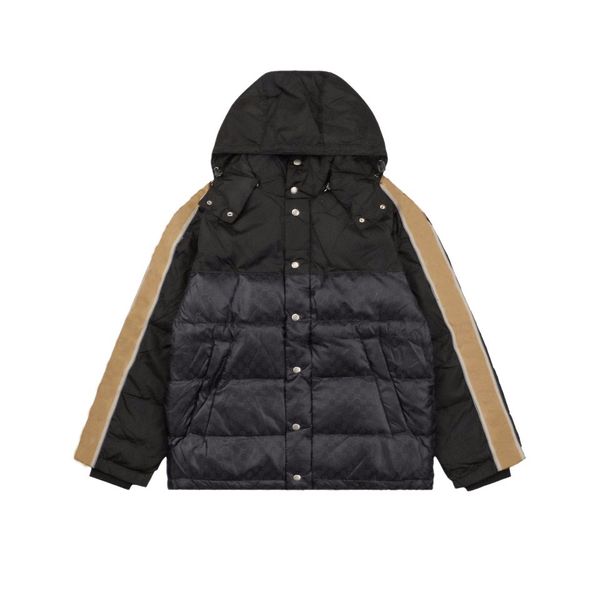 

the latest men's and women's outerwear down jacket hooded collar webbing reflective stripes jacquard allover printing showing the, Black
